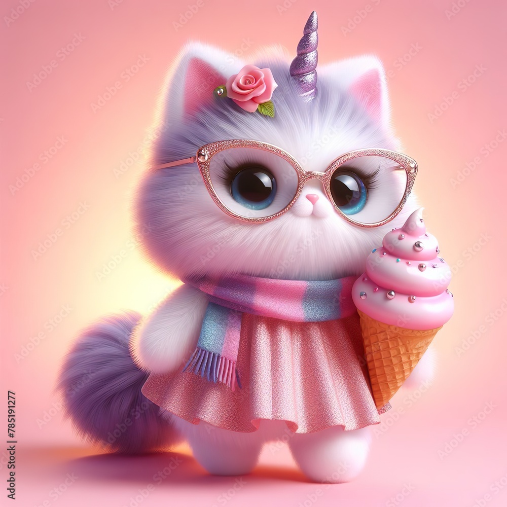 a cute caticorn wearing dress and cool fashion eyeglasses, holding a big ice cream, pastel background
