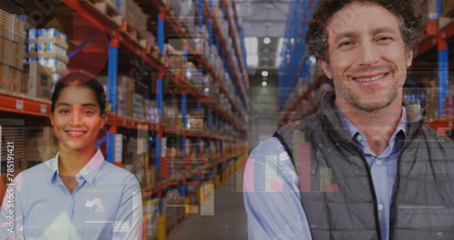 Statistical data processing over diverse two male and female supervisor smiling at warehouse photo