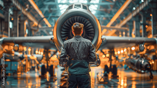 Mechanic looking at aiplane in shop photo