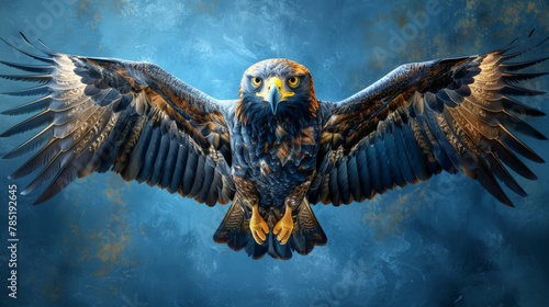 A large eagle with a golden beak and talons is flying in the sky photo