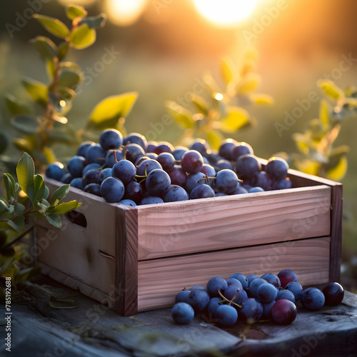Sloes harvested in a wooden box in an orchard with sunset. Natural organic fruit abundance. Agriculture, healthy and natural food concept. Square composition.