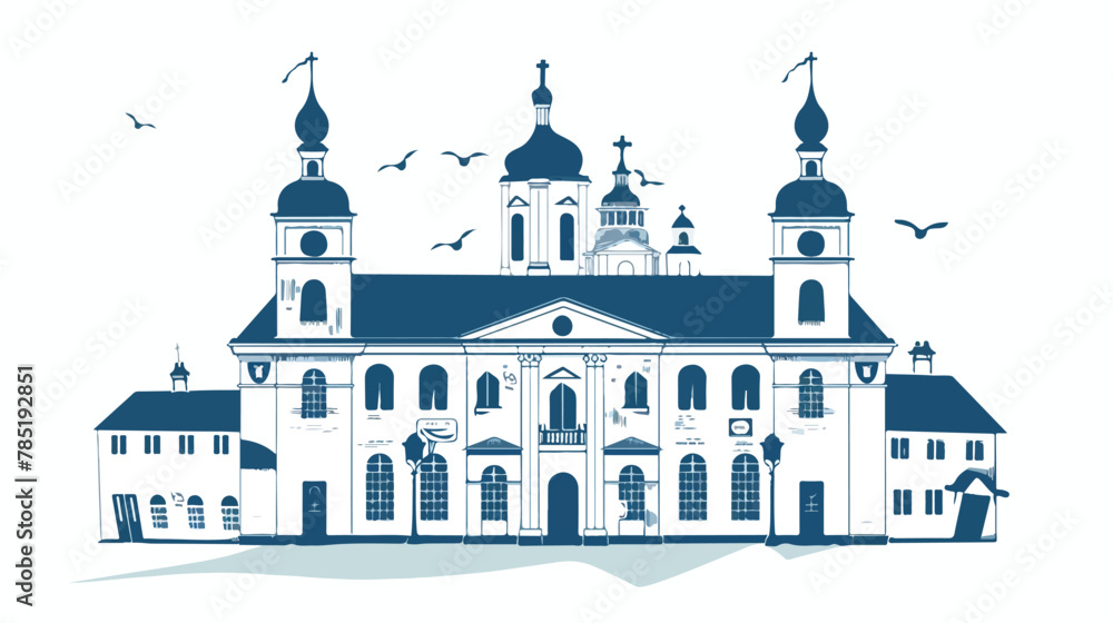 Negative photo of ancient Town Hall in Minsk. Flat vector