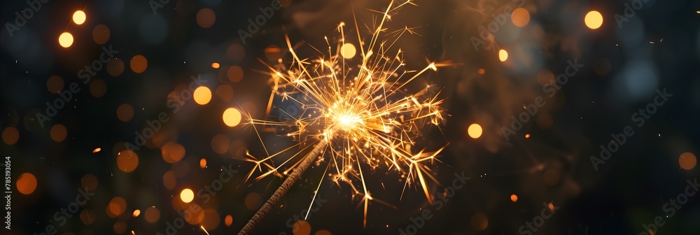 Naklejka premium Sparkling Golden Incense Sparkler Firework Exploding in Darkness Close-up Festival Celebration