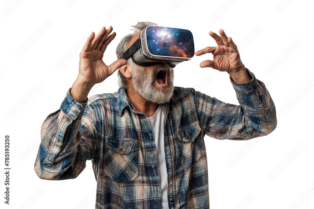 Senior man wearing virtual reality goggles isolated on a transparent background Senior man wearing virtual reality goggles isolated on a transparent background