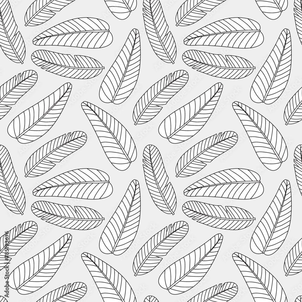 Tropical leaf line art wallpaper background. Design of natural monstera leaves and banana leaves in a minimalist linear outline style. Design for fabric, print, cover, banner, decoration.