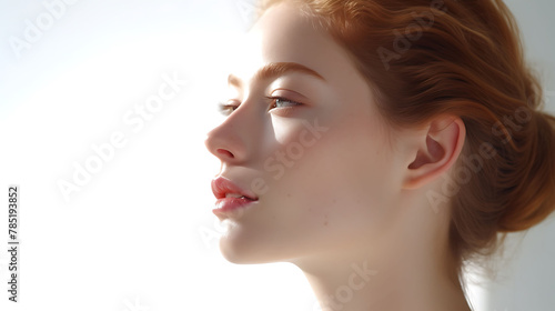 A profile view of a young woman with soft natural light illuminating her face against a seamless white background, highlighting her beauty in a minimalist setting