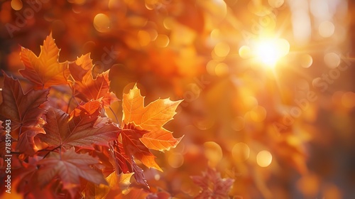 Rustling maple leaves, vibrant close-up, low angle, blurred forest, warm, soft autumn sunset 