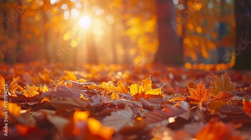 Rustling maple leaves  vibrant close-up  low angle  blurred forest  warm  soft autumn sunset