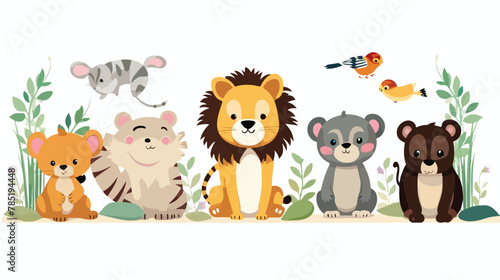 Of cute hand drawn wild animals stand and eating food © Hassan