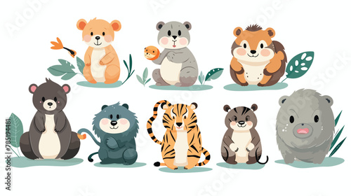 Of cute hand drawn wild animals stand and eating food