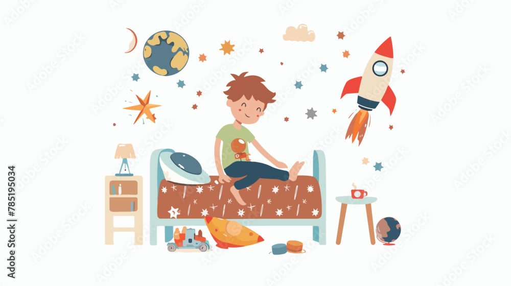 Happy child playing with rocket and globe toys in bed
