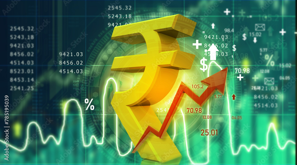 Indian rupees symbol on stock market background. 3d illustration. Indian rupees symbol on stock market background. 3d illustration.