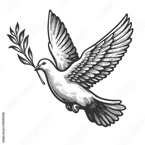 dove in flight, carrying an olive branch, symbolizing peace and harmony sketch engraving generative ai fictional character raster illustration. Scratch board imitation. Black and white image.