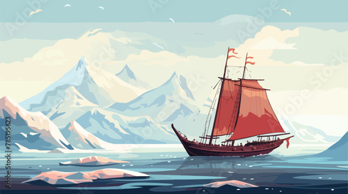 Old wooden sailboat floating in sea snowy rocky mountain