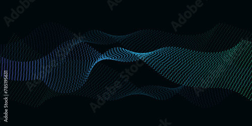 Flowing wave dot particles halftone pattern blue gradient curve shape isolated on transparent background. Digital future technology concept, science, banner, business, music. Vector illustration.