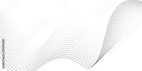 Flowing wave dot particles halftone pattern black gradient curve shape isolated on transparent background. Digital future technology concept, science, banner, business, music. Vector illustration.