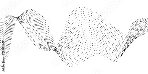 Flowing wave dot particles halftone pattern black gradient curve shape isolated on transparent background. Digital future technology concept, science, banner, business, music. Vector illustration.