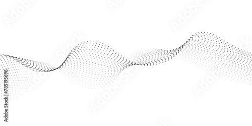 Flowing wave dot particles halftone pattern black gradient smooth curve shape isolated on transparent background. Digital future technology concept, science, banner, template, business, music. Vector 