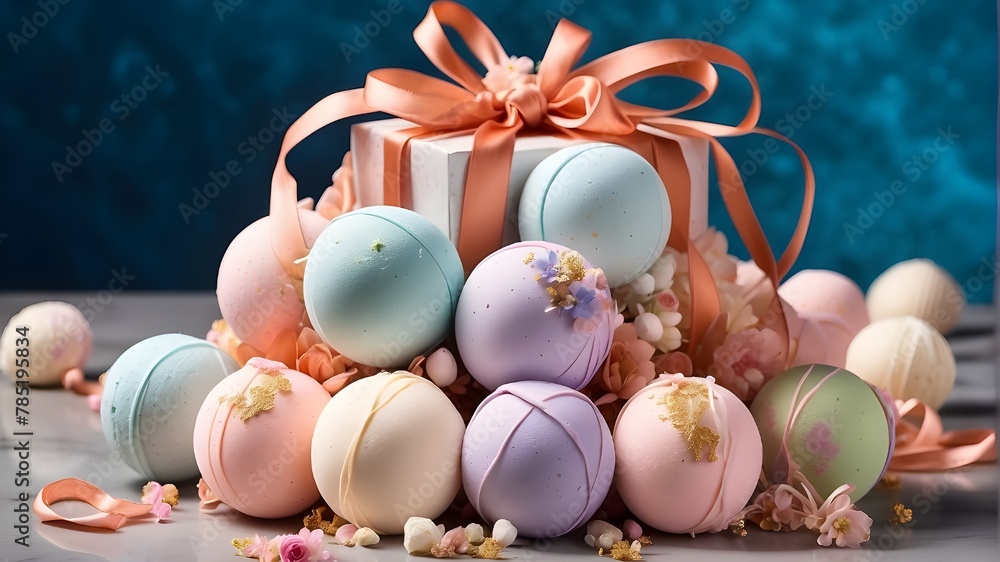 Obraz premium Luxurious silk ribbon tying together a bundle of scented bath bombs