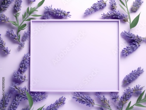 Lavender frame background  tropical leaves and plants around the lavender rectangle in the middle of the photo with space for text