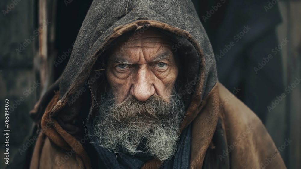 Hooded figure in ragged clothing with a desolate look Hooded figure in ragged clothing with a desolate look