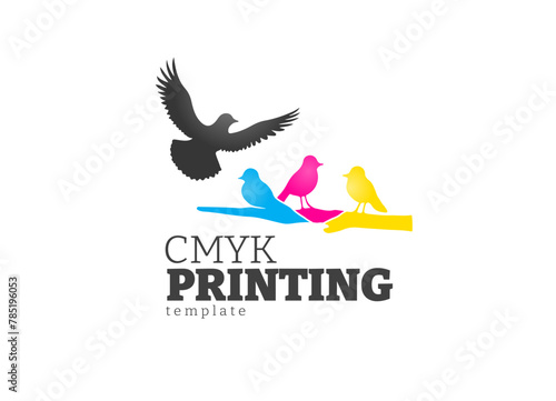 Birds are sitting on a branch, and one bird has taken off. Logo CMYK Printing theme. Template design vector. White background.