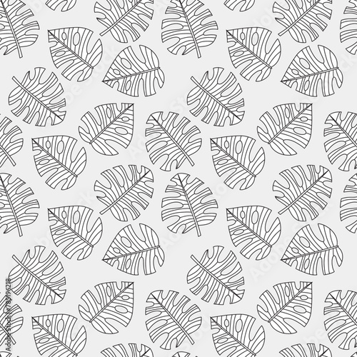 Tropical leaf line art wallpaper background . Design of natural monstera leaves and banana leaves in a minimalist linear outline style. Design for fabric, print, cover, banner, decoration.