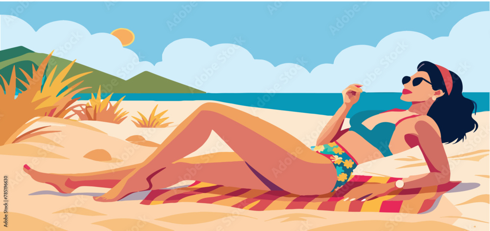woman in bathing suit on the beach sunbathes