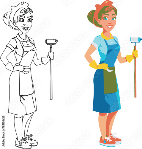 Cheerful cartoon cleaning ladies with tools