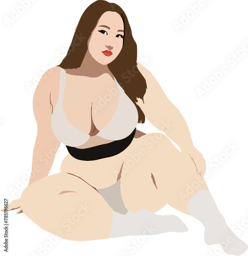 light-skinned plump woman in swimsuit sitting with legs crossed-