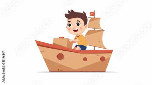 Happy kid boy play toy ship cardboard Flat vector isolated