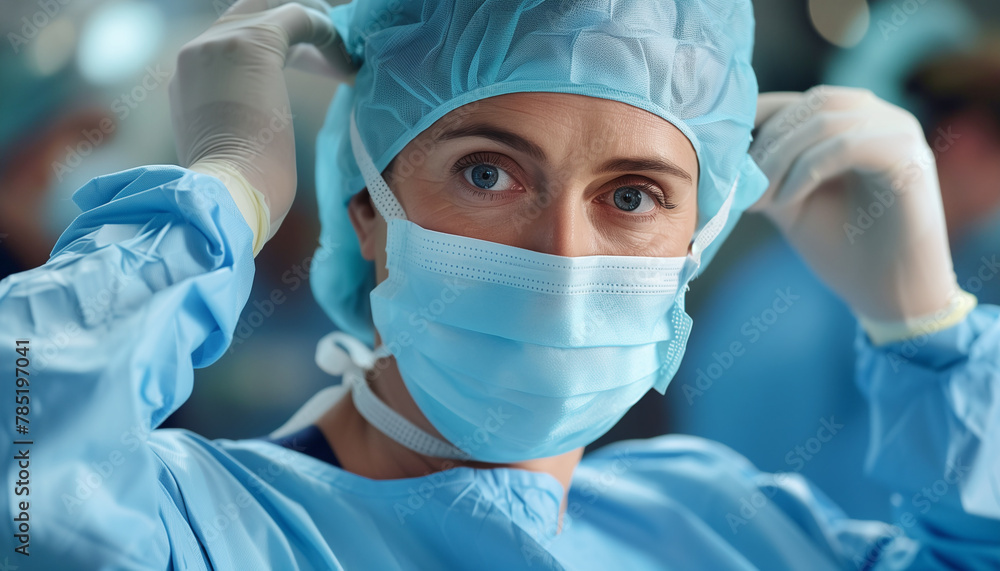 Focused Female Surgeon Preparing for Surgery female surgeon adjusts protective gear in operating room, ready to perform procedure.Eyes convey concentration, professionalism amidst surgical environment Focused Female Surgeon Preparing for Surgery female surgeon adjusts protective gear in operating room, ready to perform procedure.Eyes convey concentration, professionalism amidst surgical environment