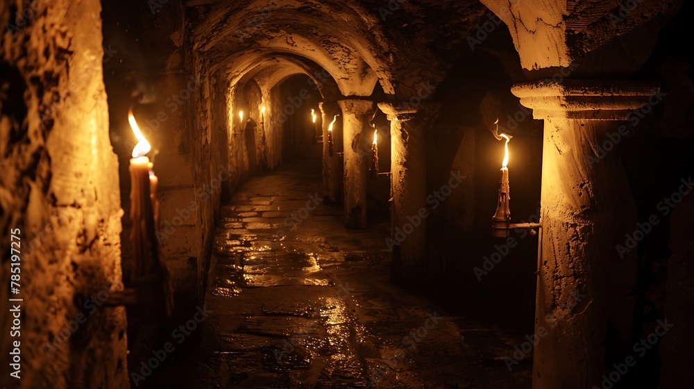 Scary endless medieval catacombs with torches