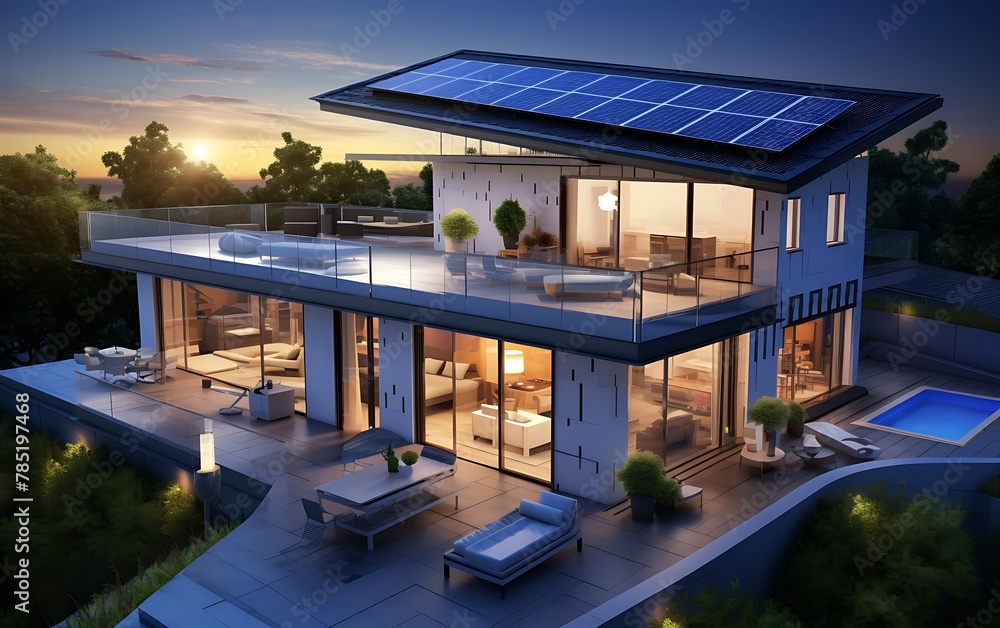 Smart home with solar panels on the roof - obrazy, fototapety, plakaty 