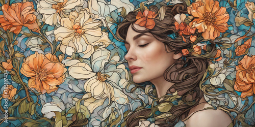 Art Nouveau styled woman with long hair and flowers and butterflies. Painting and Drawings.