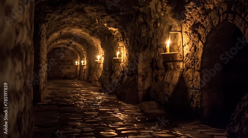 Endless Medieval Catacombs Labyrinth, Lit by Flickering Torches