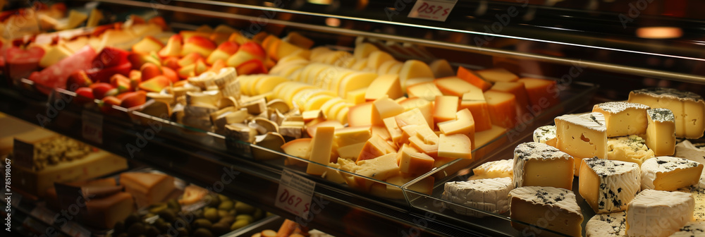 A well-lit display of gourmet cheese selection showcasing variety and premium quality in a delicatessen