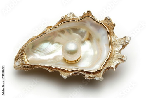 A pearl oyster shell with gold edging, white background. Pearl in the center of an open seashell