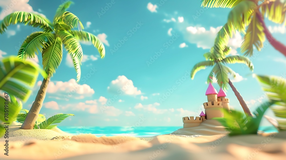 Lively 3D Render of a Summer Beach Scene with Cartoon Palm Trees, Sandcastle, and Radiant Blue Sky