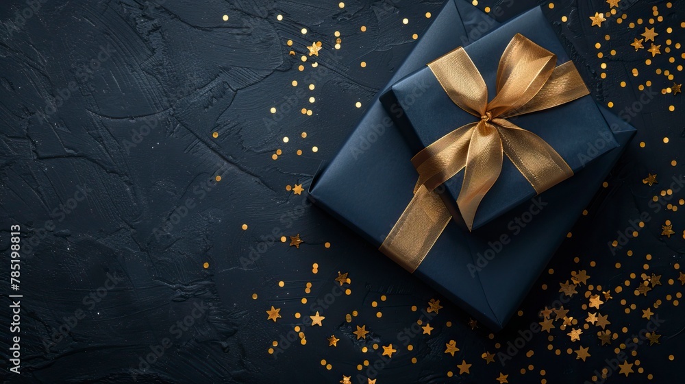 Dark blue gift box with gold satin ribbon on dark background. Top view of birthday gift with copy space Dark blue gift box with gold satin ribbon on dark background. Top view of birthday gift with copy space