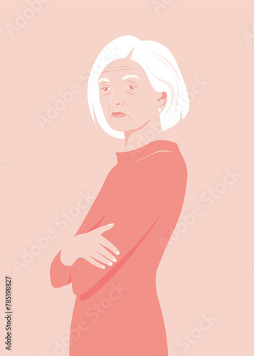 An elderly woman thinks and makes a decision. Portrait of a grandmother. Problems and their solution. Vector flat illustration
