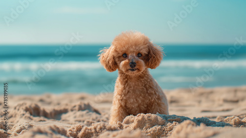 poodle cub with adorable facial expression against beach side background photo