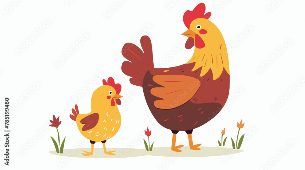 Hen and chick Flat vector isolated on white background