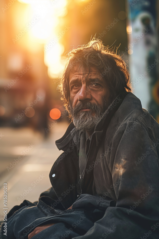 Homeless man sitting on sidewalk