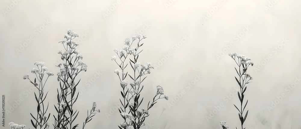 Minimalist White Ink Feverfew on Plain Canvas. Concept Minimalism, White Ink, Feverfew, Plain Canvas, Art Installation Minimalist White Ink Feverfew on Plain Canvas. Concept Minimalism, White Ink, Feverfew, Plain Canvas, Art Installation