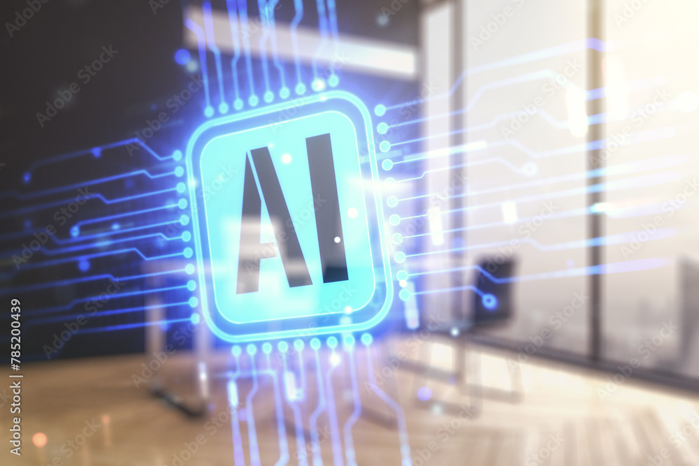 Double exposure of creative artificial Intelligence icon and modern desktop with laptop on background. Neural networks and machine learning concept Double exposure of creative artificial Intelligence icon and modern desktop with laptop on background. Neural networks and machine learning concept
