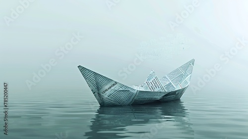 a single large, monochromatic paper boat, crafted from newspaper clippings and blog excerpts, floats on a smooth, reflective surface