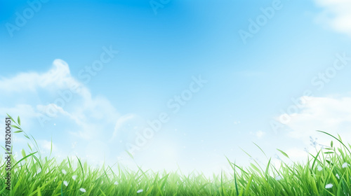 Green grass lawn with clouds on blue sky 