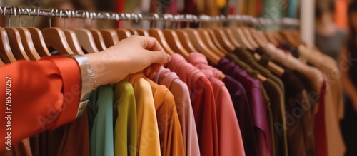 Close up of woman hands choosing clothes on clothing store rack hanger