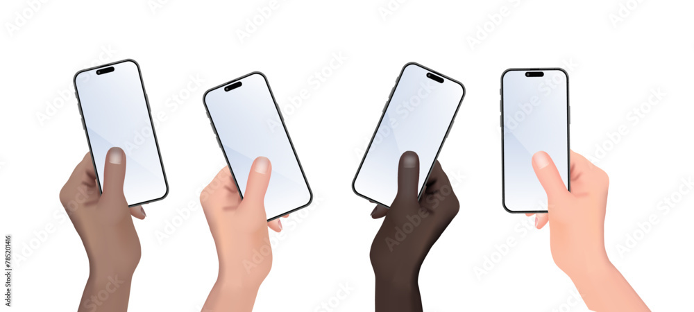 Realistic Set of Diverse Human Hands Holding Mobile Phone. Blank Screen ...